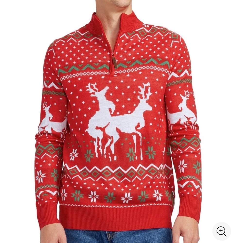 Tipsy Elves Mens Christmas Climax Reindeer Sweater Red Quarter Zip TE-SW133L L